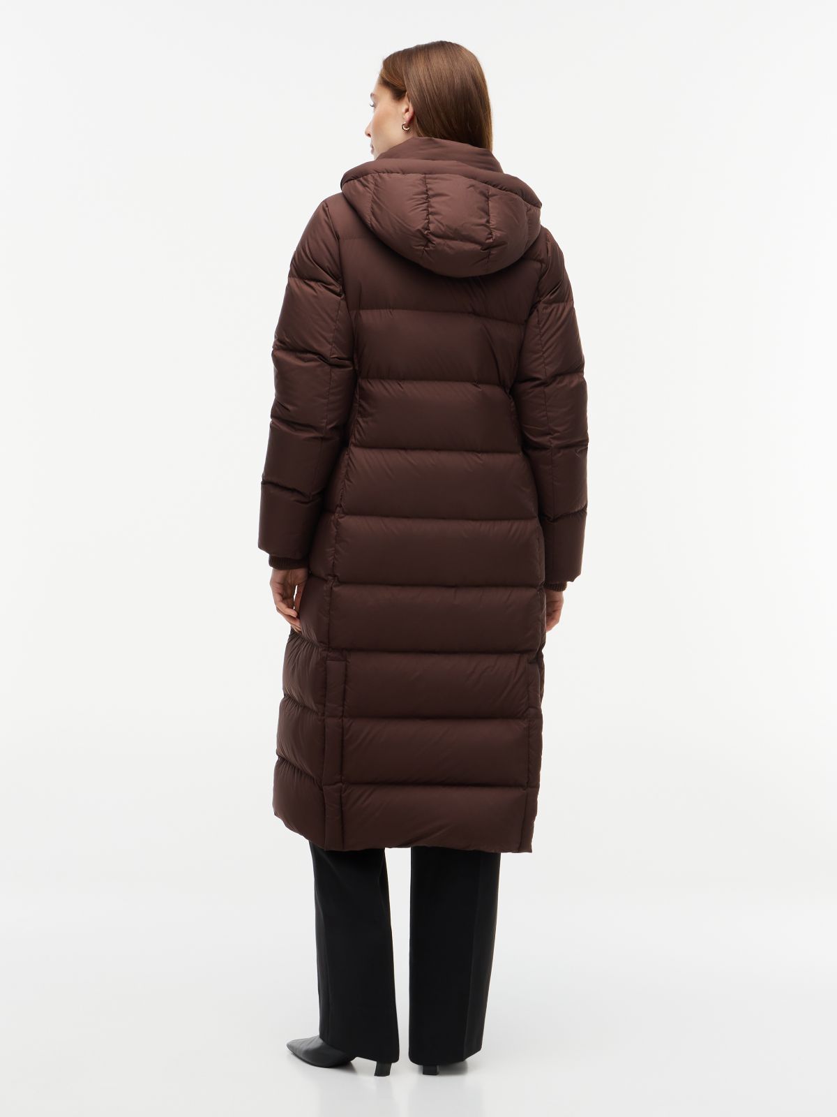 Water Repellent Down Hooded Longline Coat — Brown