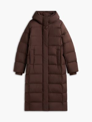 braun wasserabweisender longline-daunenmantel mit kapuze für damen - tommy hilfiger