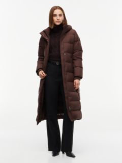 Water Repellent Down Hooded Longline Coat — Brown 1