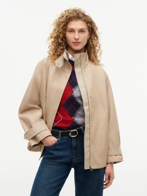 beige flag jacquard twill relaxed cape coat for women tommy hilfiger