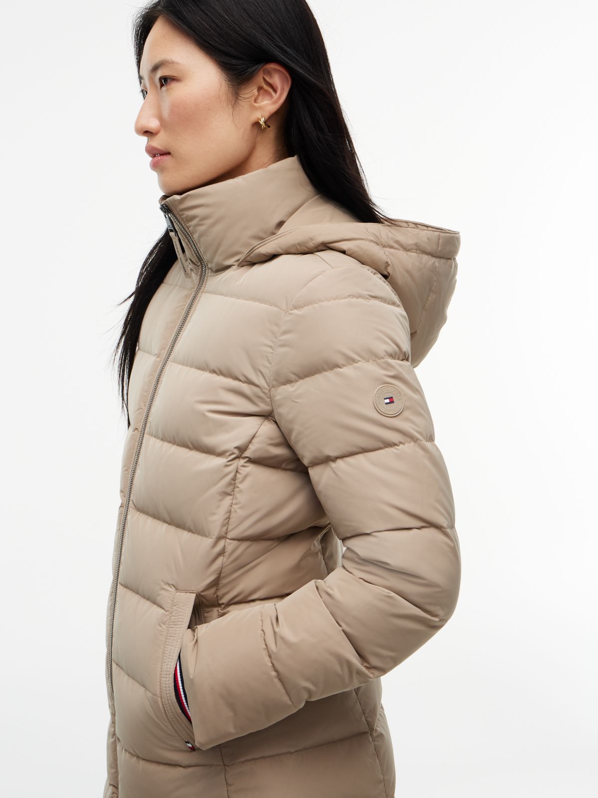 Water Repellent Down Slim Hooded Coat — Beige