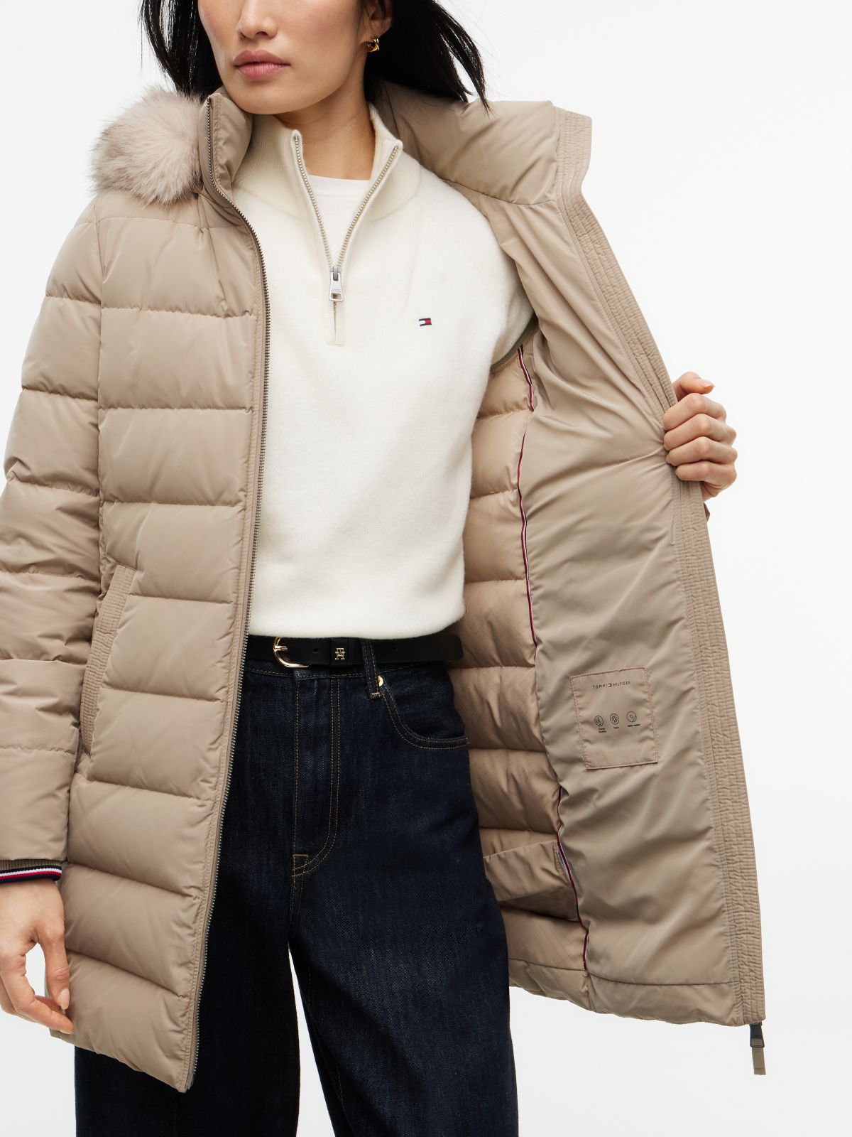 Water Repellent Down Slim Hooded Coat — Beige