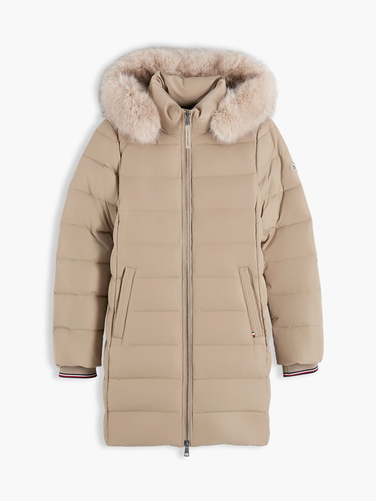 Water Repellent Down Slim Hooded Coat — Beige