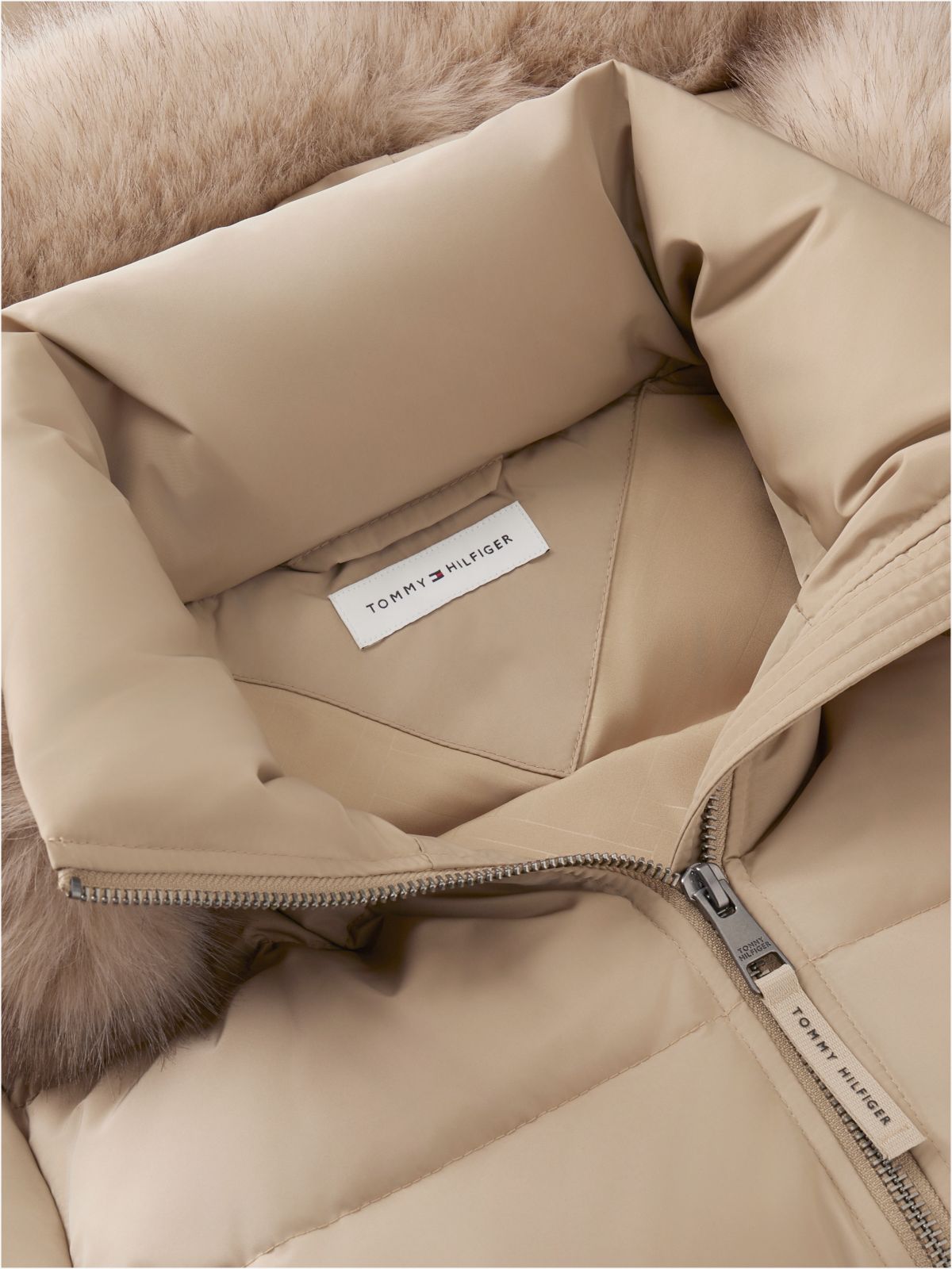 Water Repellent Down Slim Hooded Coat — Beige