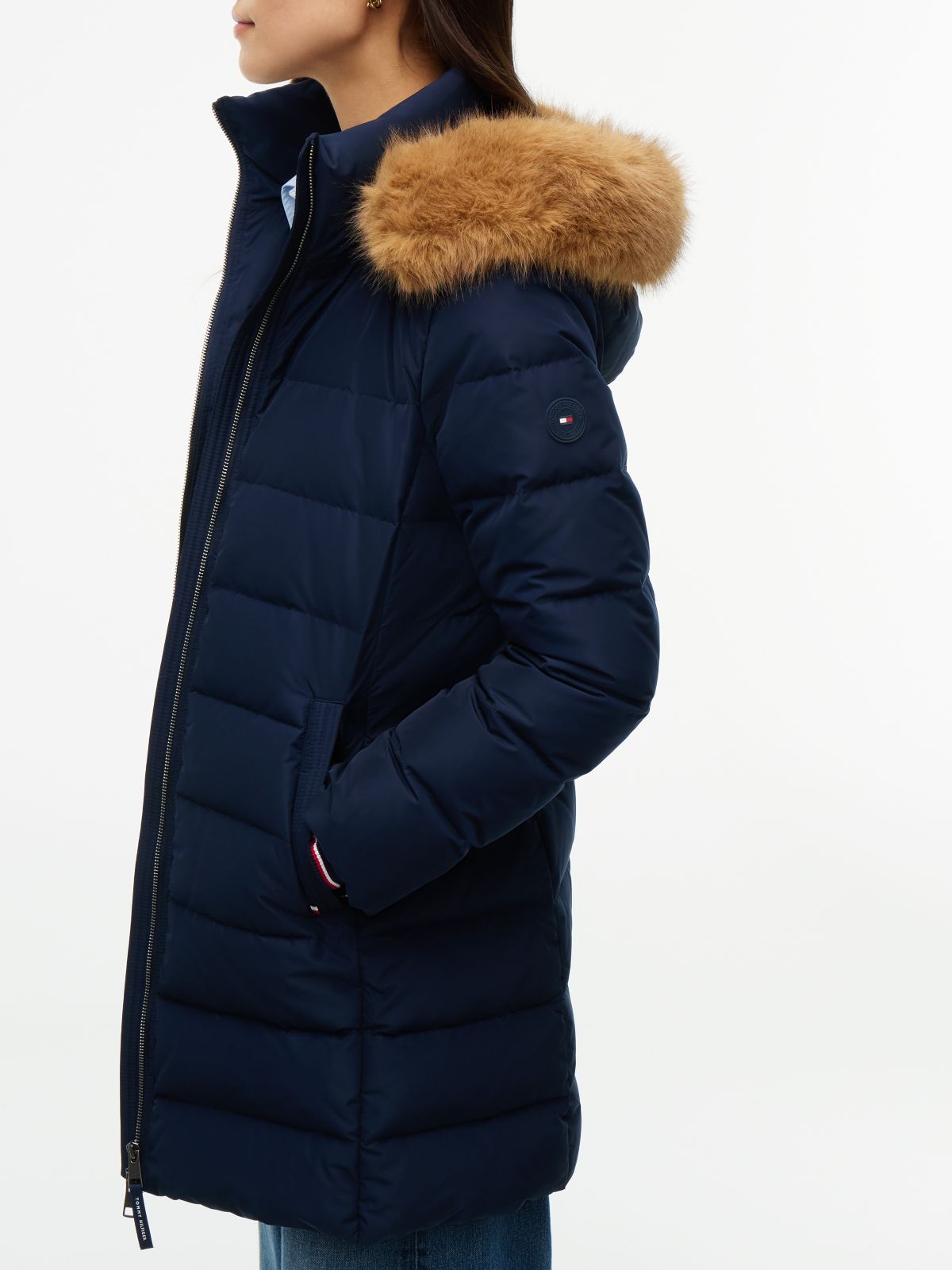 Water Repellent Down Slim Hooded Coat — Blue