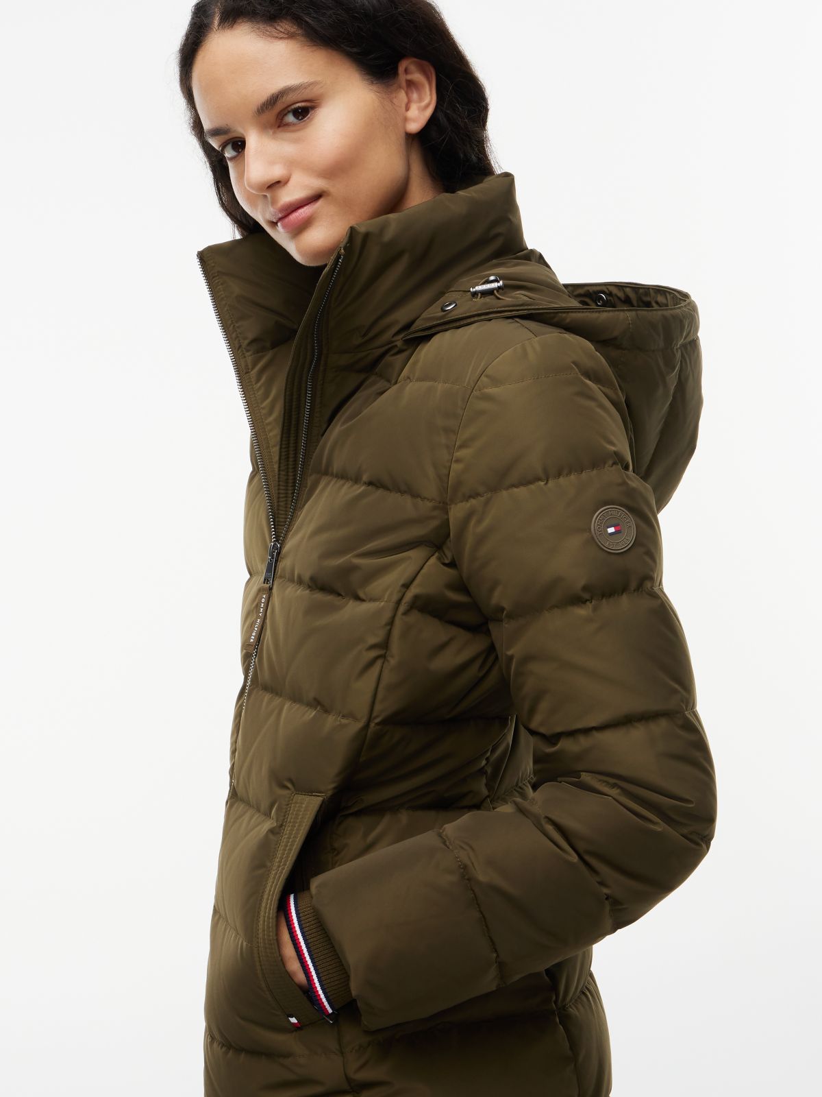 Water Repellent Down Slim Hooded Coat — Green