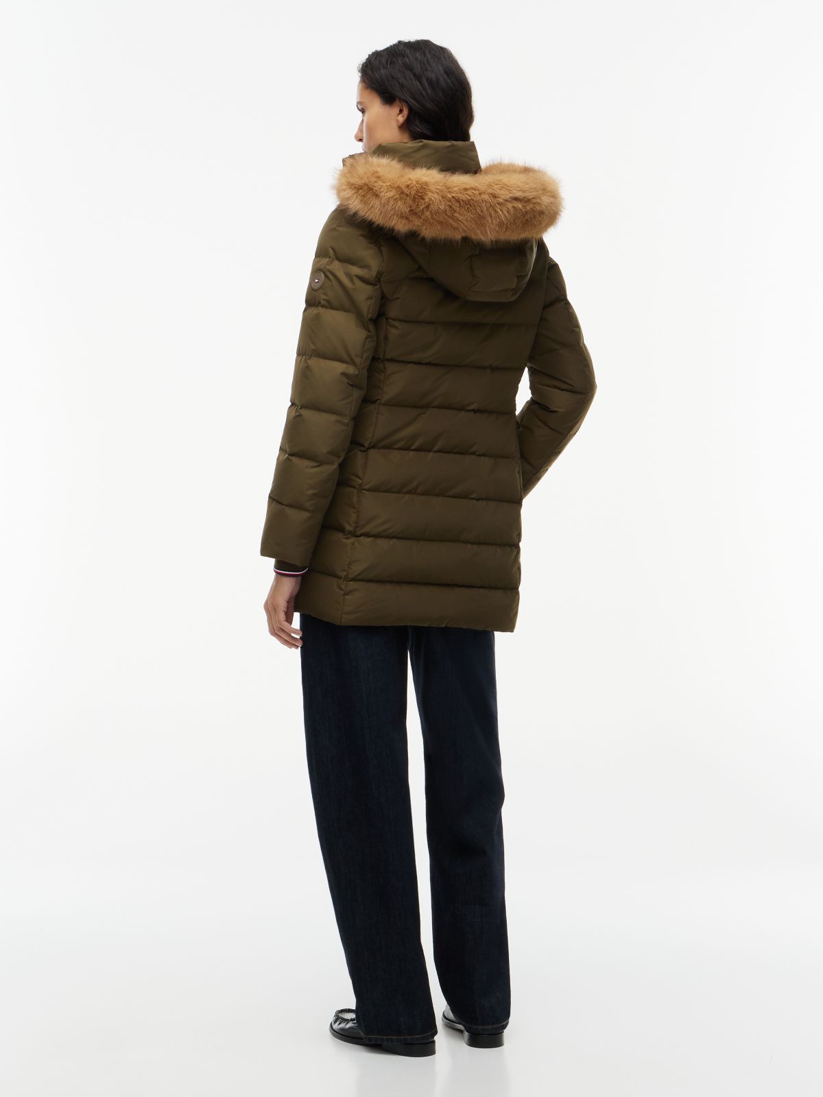Water Repellent Down Slim Hooded Coat — Green