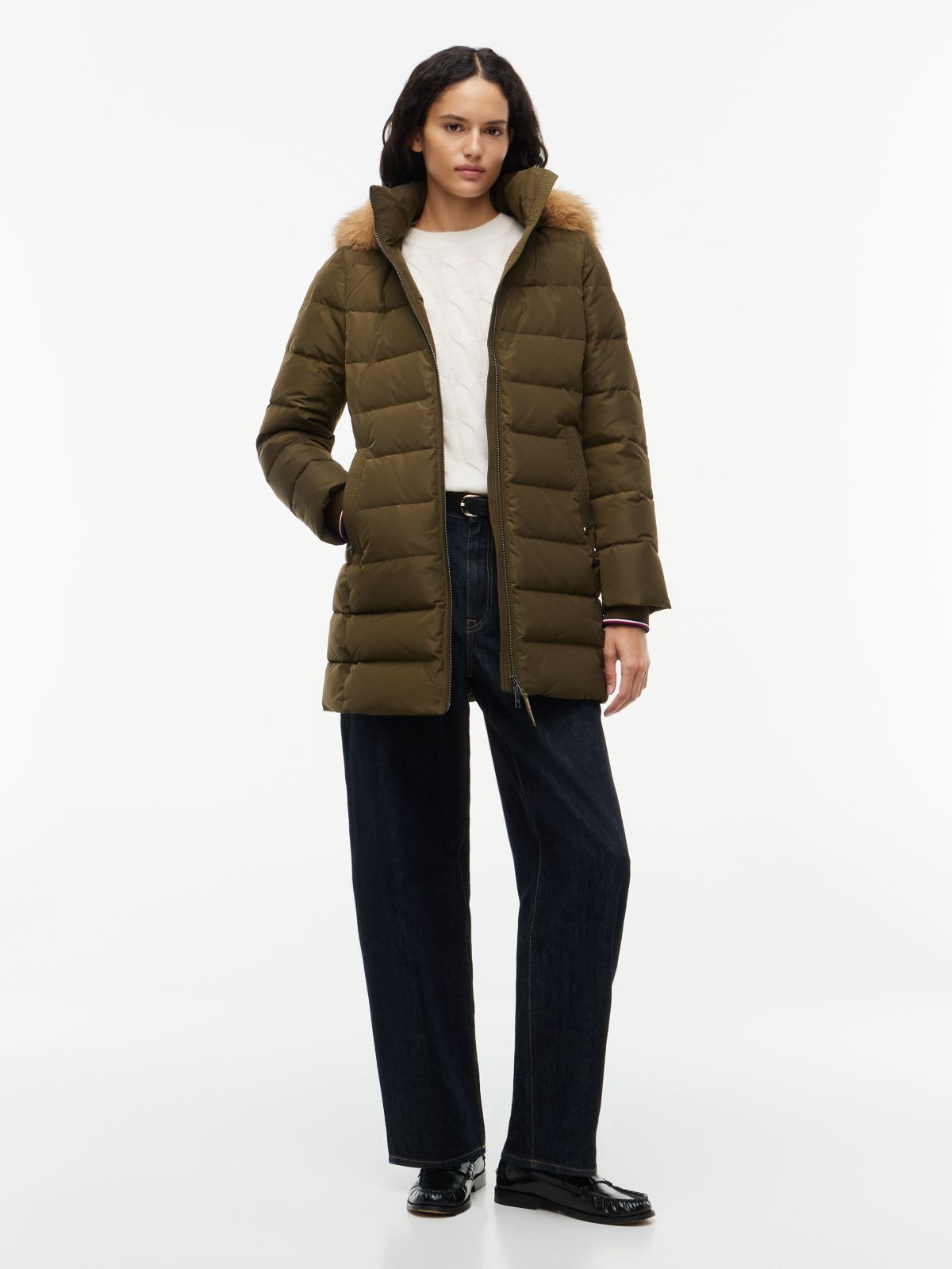 Water Repellent Down Slim Hooded Coat — Green