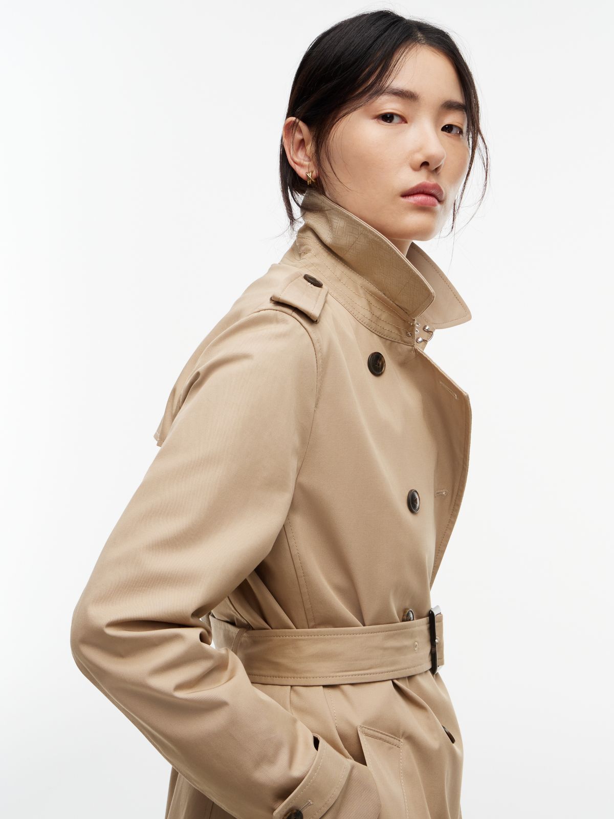 Buckle Belt Double Breasted Trench Coat — Beige