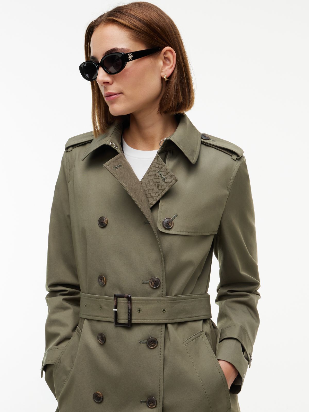 Buckle Belt Double Breasted Trench Coat — Green