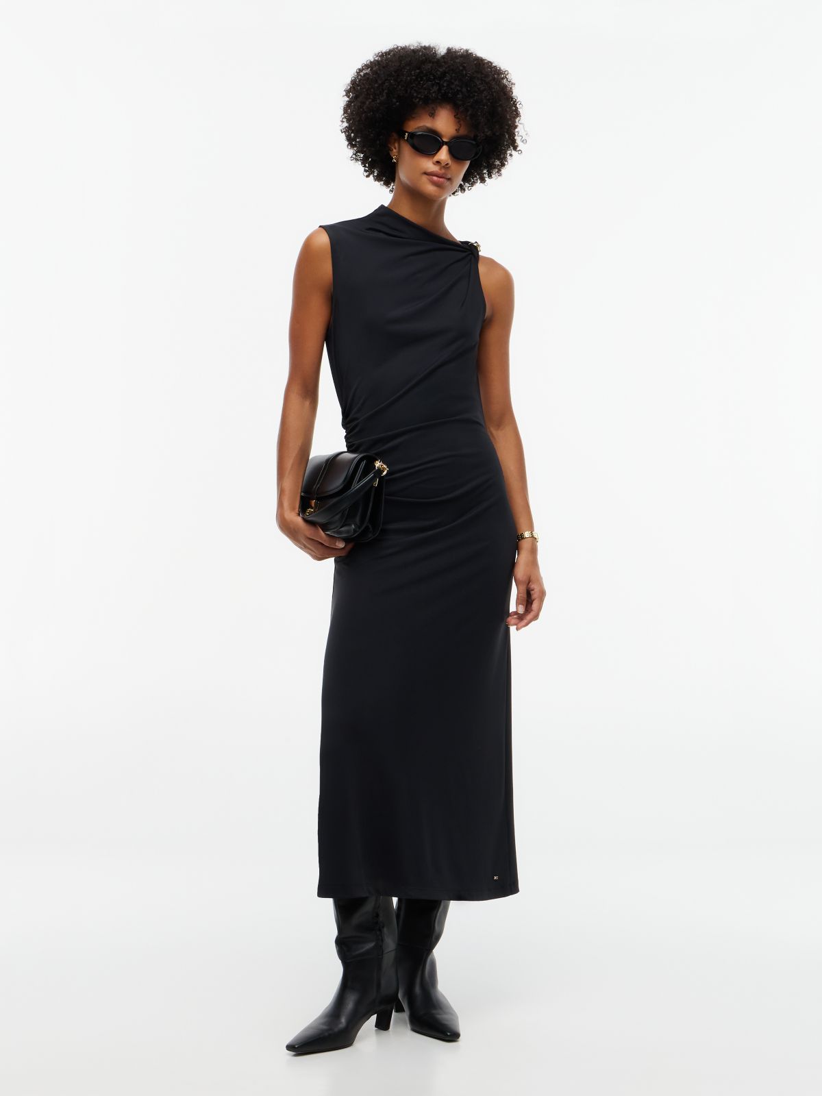 Twist Ruched Slim Sleeveless Maxi Dress — Black