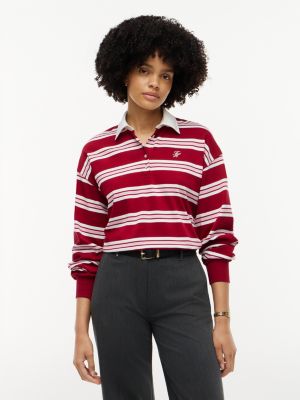 red relaxed fit polo-sweatshirt mit streifen für damen - tommy hilfiger