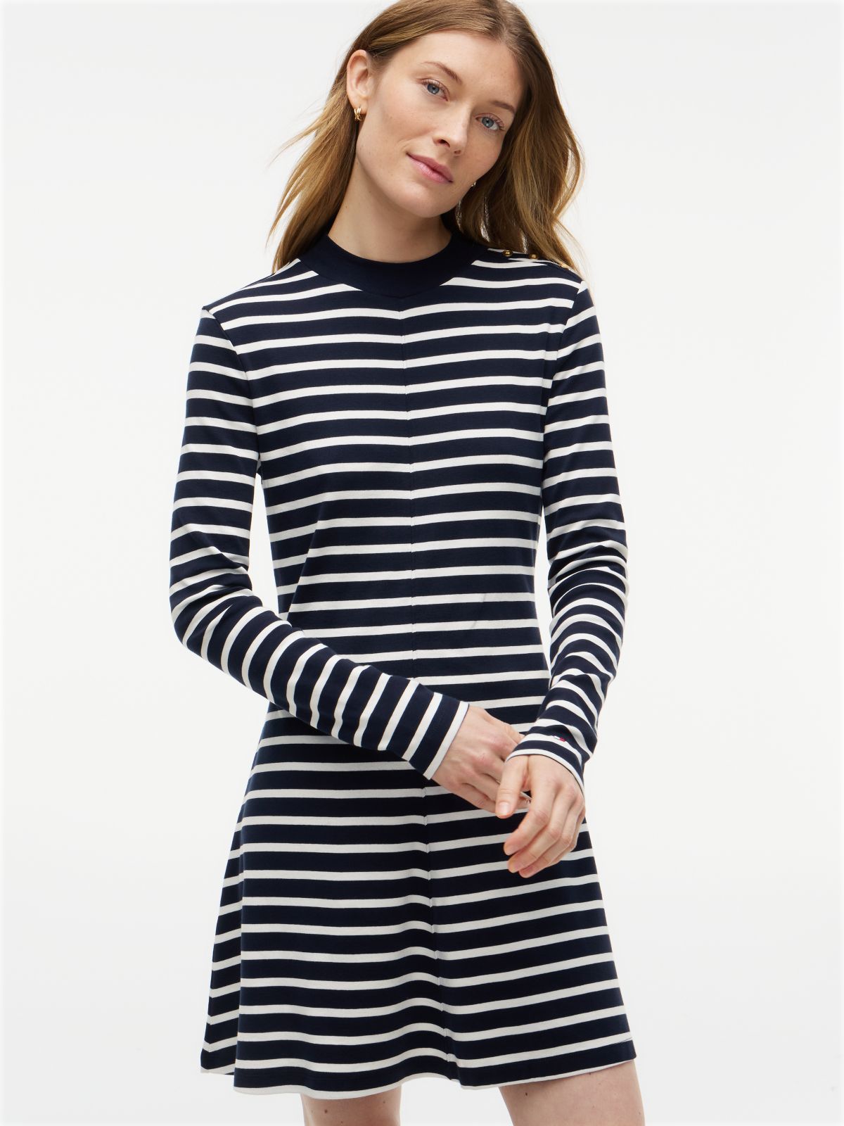 Gold-Tone Button Long Sleeve Midi Flare Dress — Blue