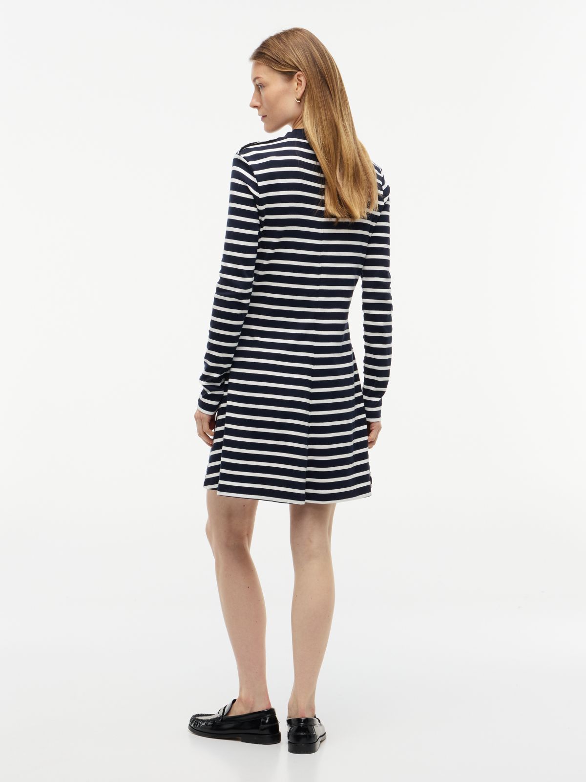 Gold-Tone Button Long Sleeve Midi Flare Dress — Blue