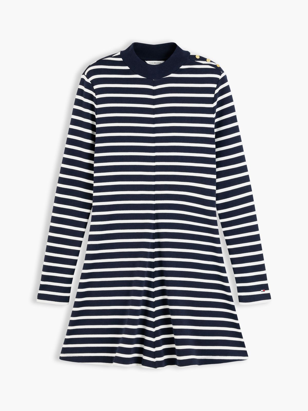 Gold-Tone Button Long Sleeve Midi Flare Dress — Blue