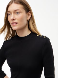 Gold-Tone Button Long Sleeve Midi Flare Dress — Black 2