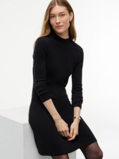 Gold-Tone Button Long Sleeve Midi Flare Dress — Black 3