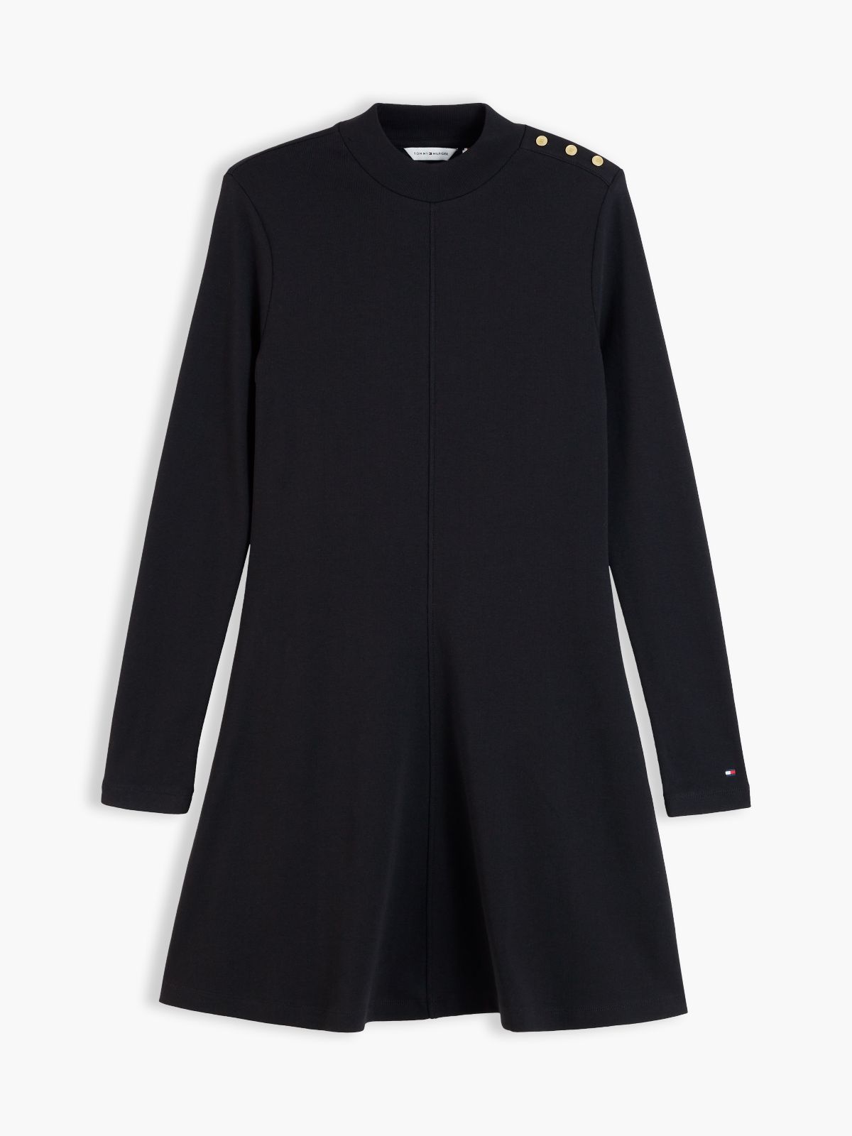 Gold-Tone Button Long Sleeve Midi Flare Dress — Black