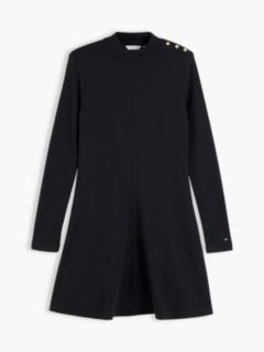 Gold-Tone Button Long Sleeve Midi Flare Dress — Black 5