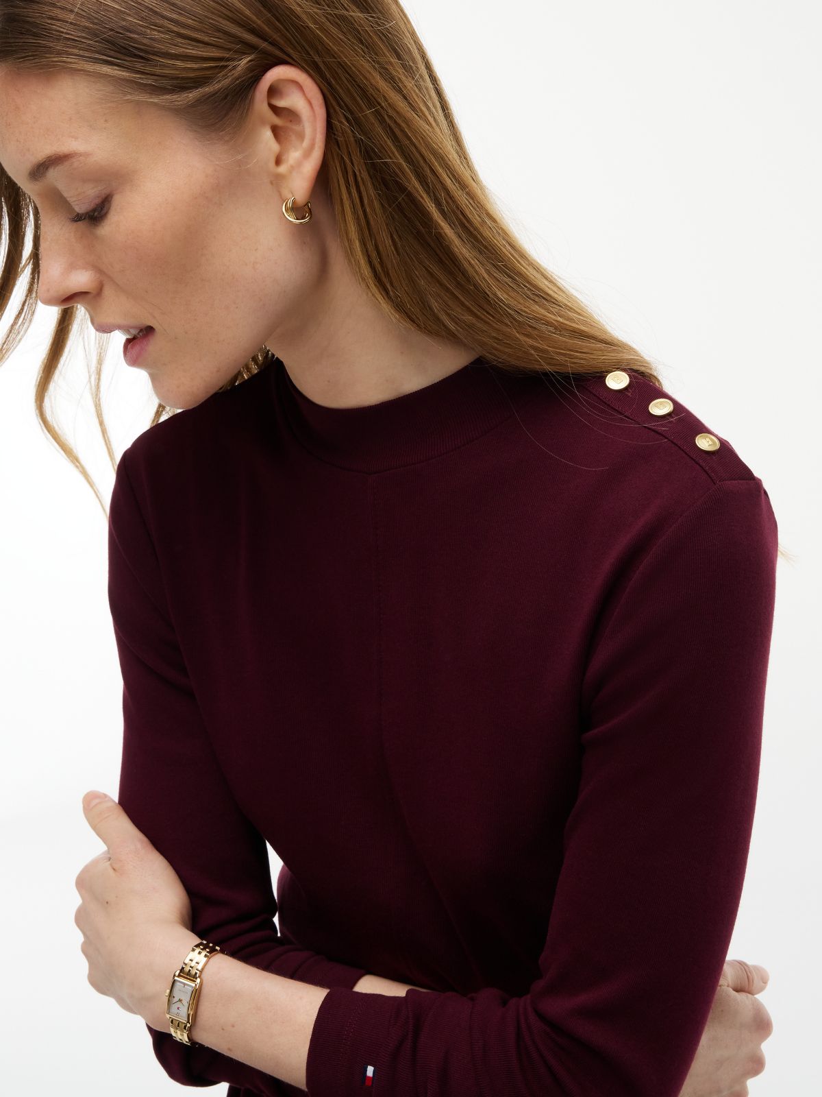 Gold-Tone Button Long Sleeve Midi Flare Dress — Red