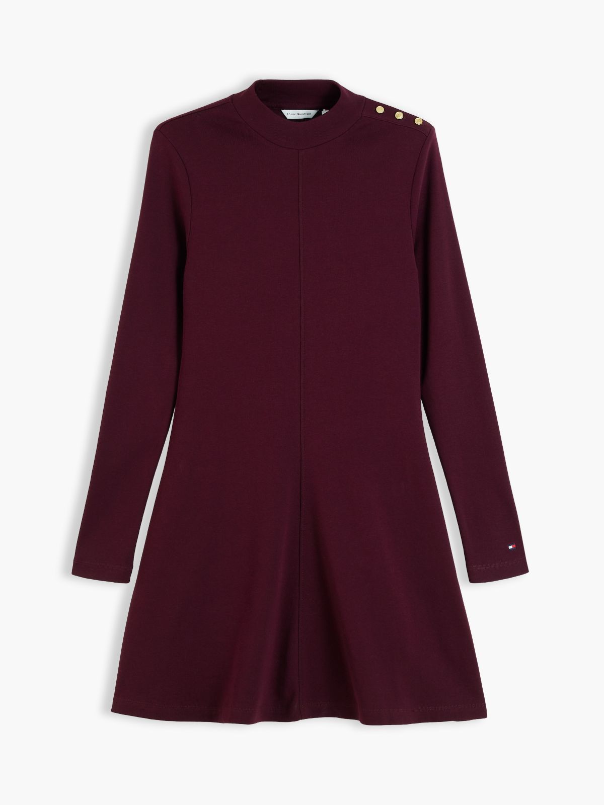 Gold-Tone Button Long Sleeve Midi Flare Dress — Red