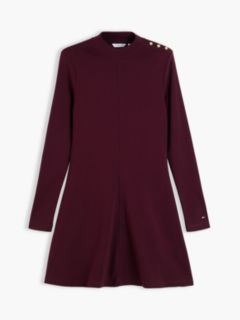 Gold-Tone Button Long Sleeve Midi Flare Dress — Red 5