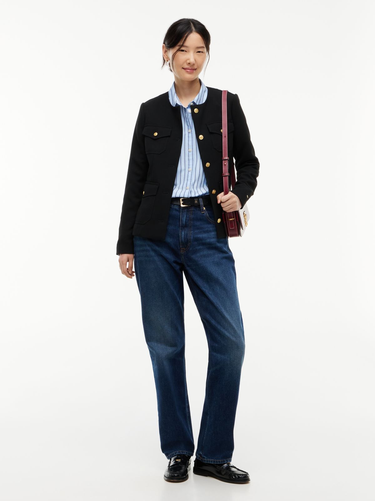Gold-Tone Button Collarless Slim Jacket — Black