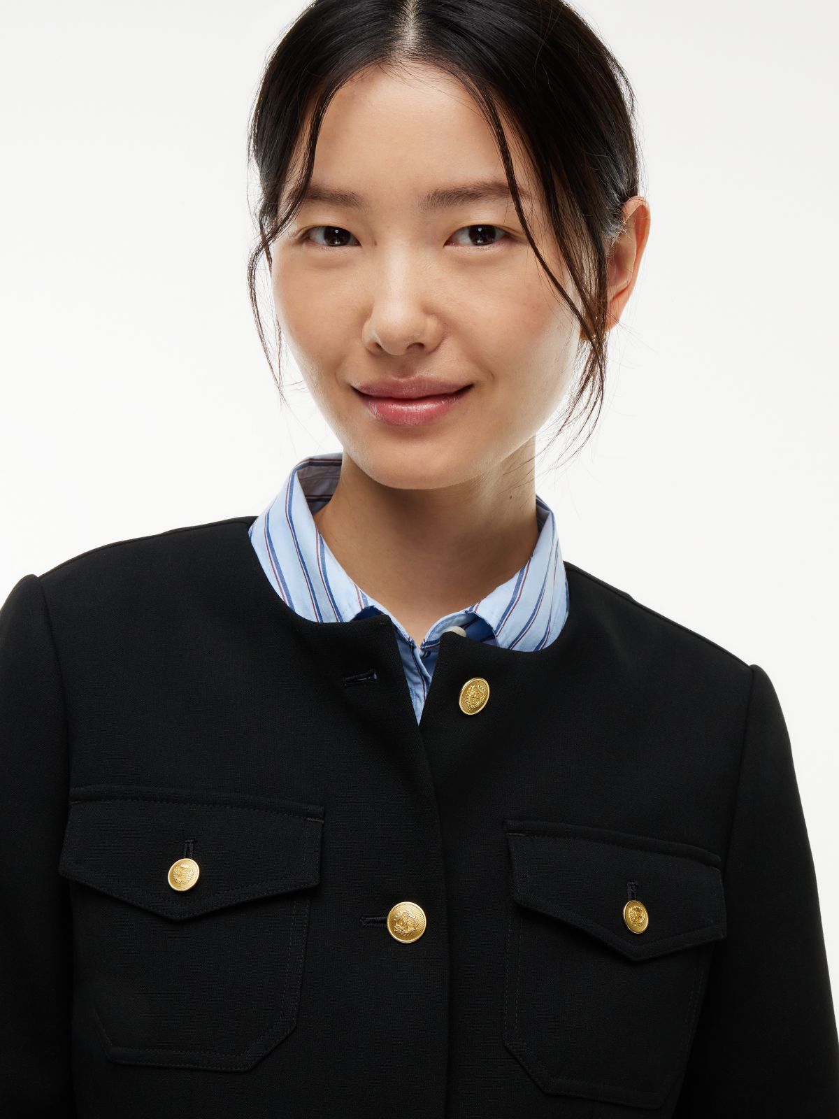 Gold-Tone Button Collarless Slim Jacket — Black