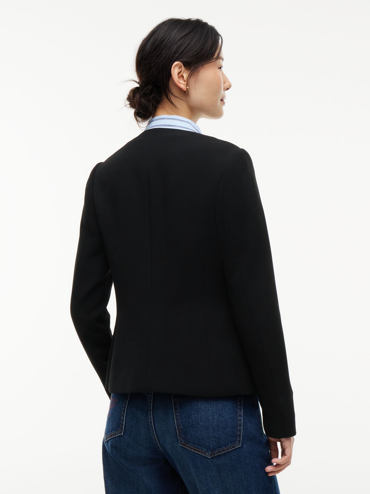 Gold-Tone Button Collarless Slim Jacket — Black