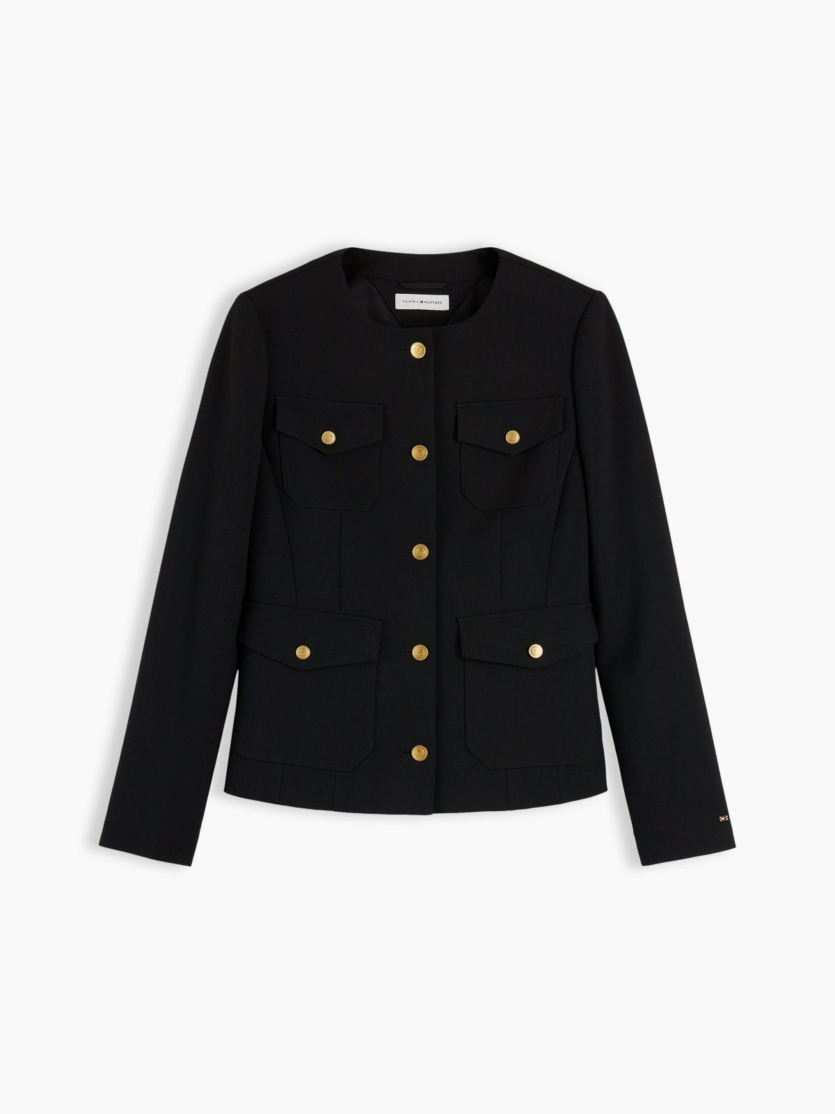 Gold-Tone Button Collarless Slim Jacket — Black