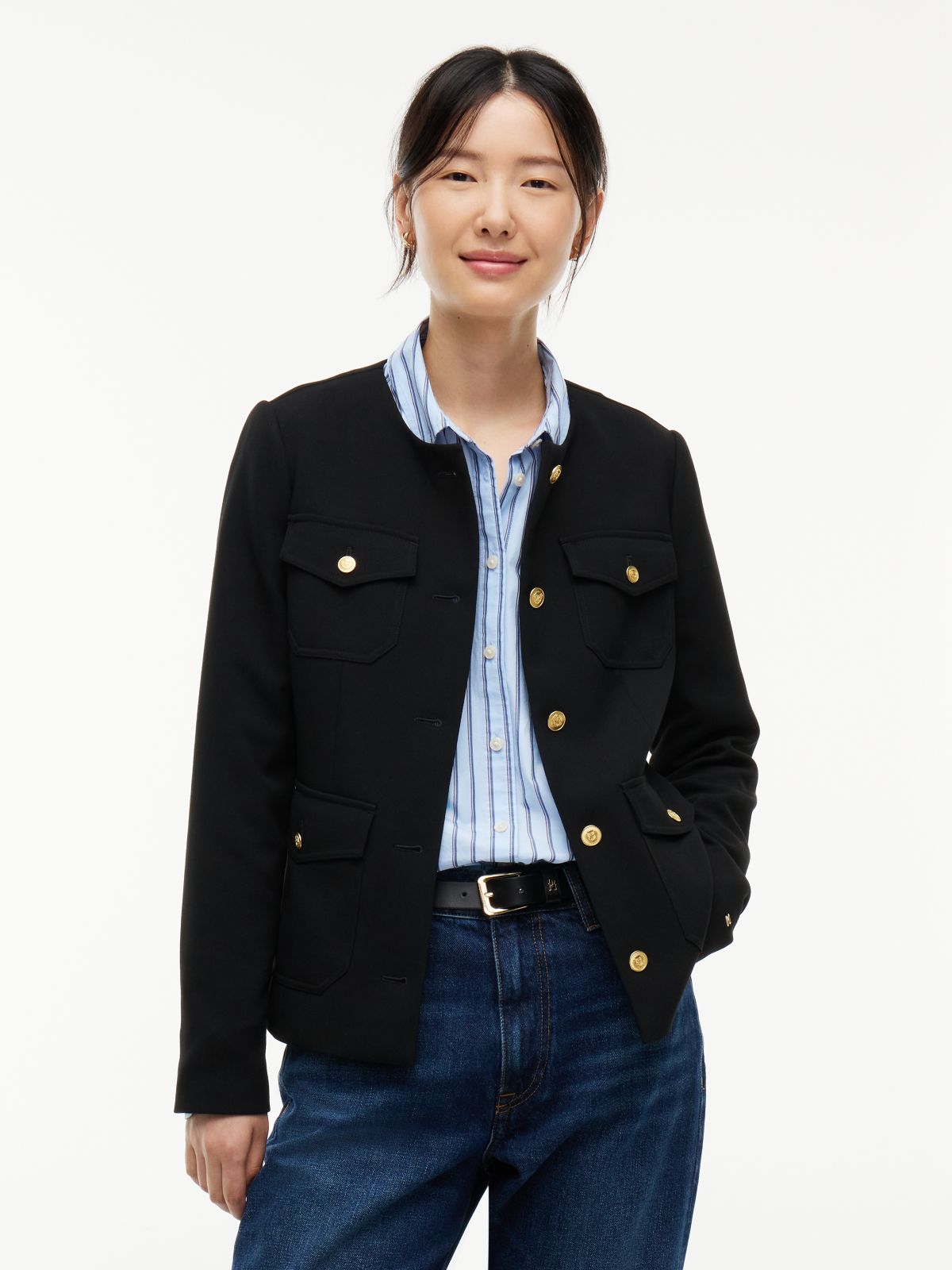 Gold-Tone Button Collarless Slim Jacket — Black