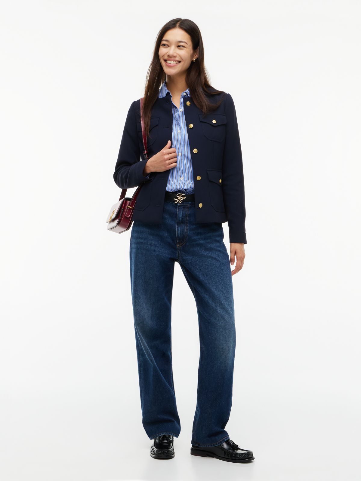 Gold-Tone Button Collarless Slim Jacket — Blue