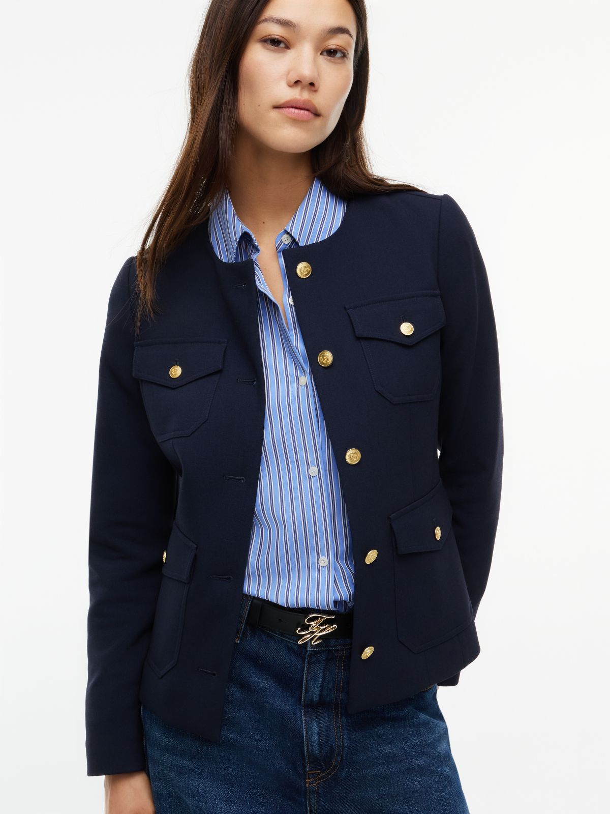 Gold-Tone Button Collarless Slim Jacket — Blue