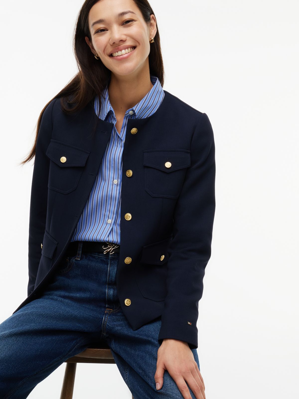 Gold-Tone Button Collarless Slim Jacket — Blue