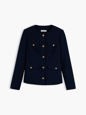 blue gold-tone button collarless slim jacket for women tommy hilfiger