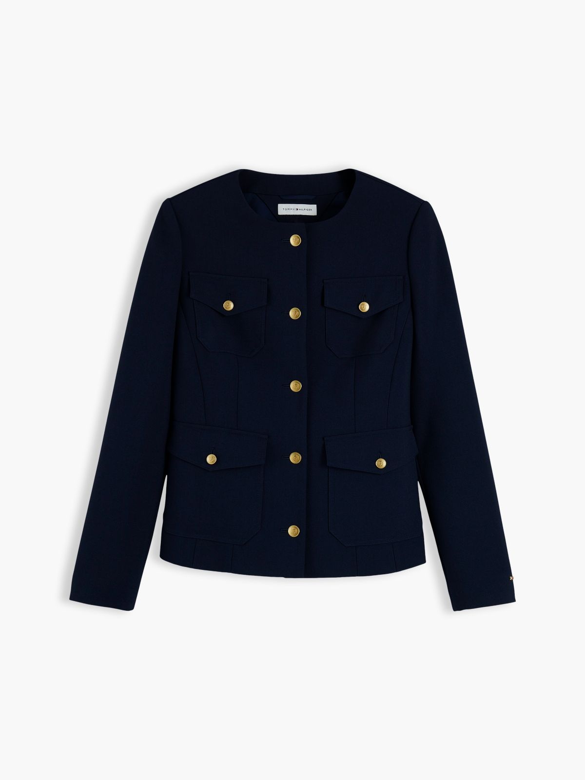 Gold-Tone Button Collarless Slim Jacket — Blue