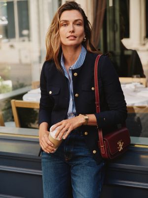 blue gold-tone button collarless slim jacket for women tommy hilfiger