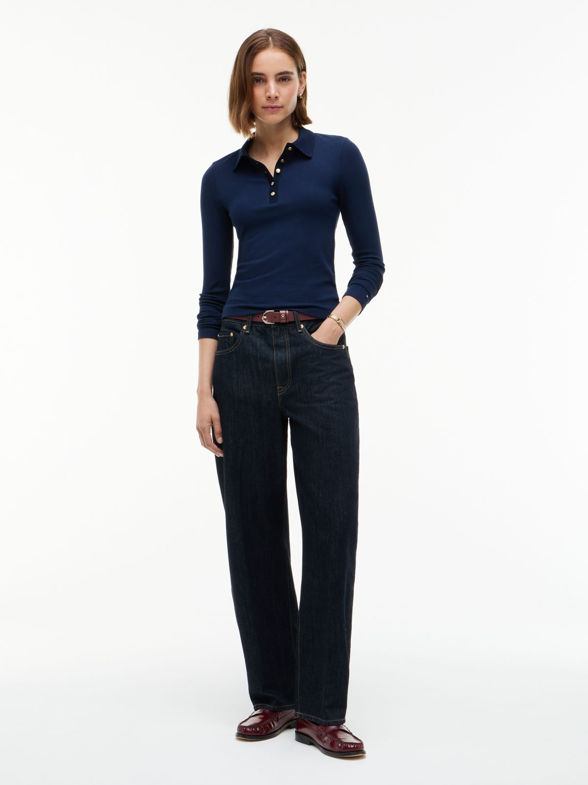 Slim Fit Ribbed Long Sleeve Polo Shirt — Blue