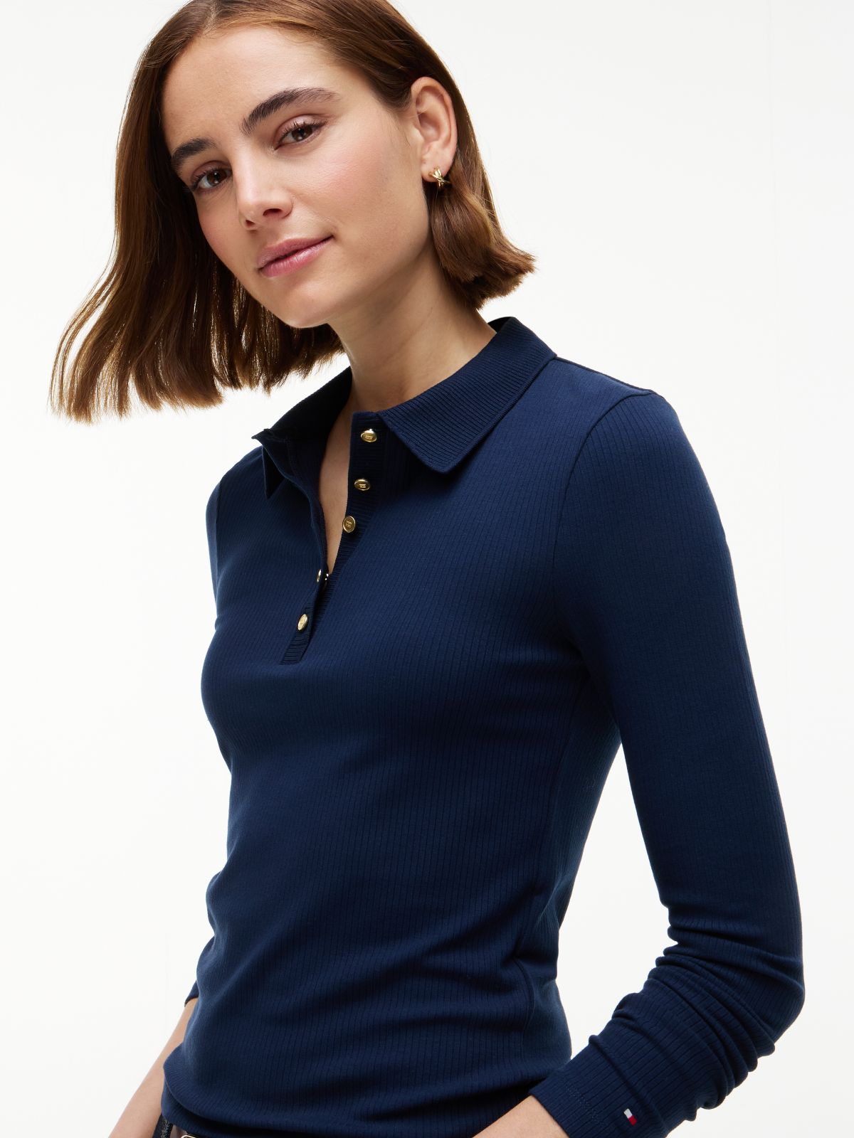 Slim Fit Ribbed Long Sleeve Polo Shirt — Blue