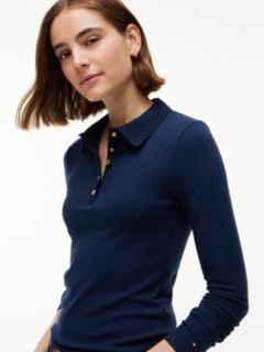Slim Fit Ribbed Long Sleeve Polo Shirt — Blue 3