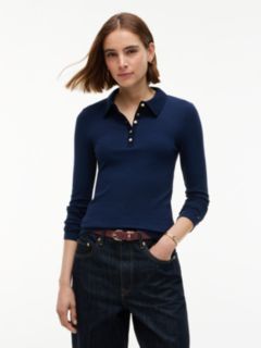 Slim Fit Ribbed Long Sleeve Polo Shirt — Blue 1