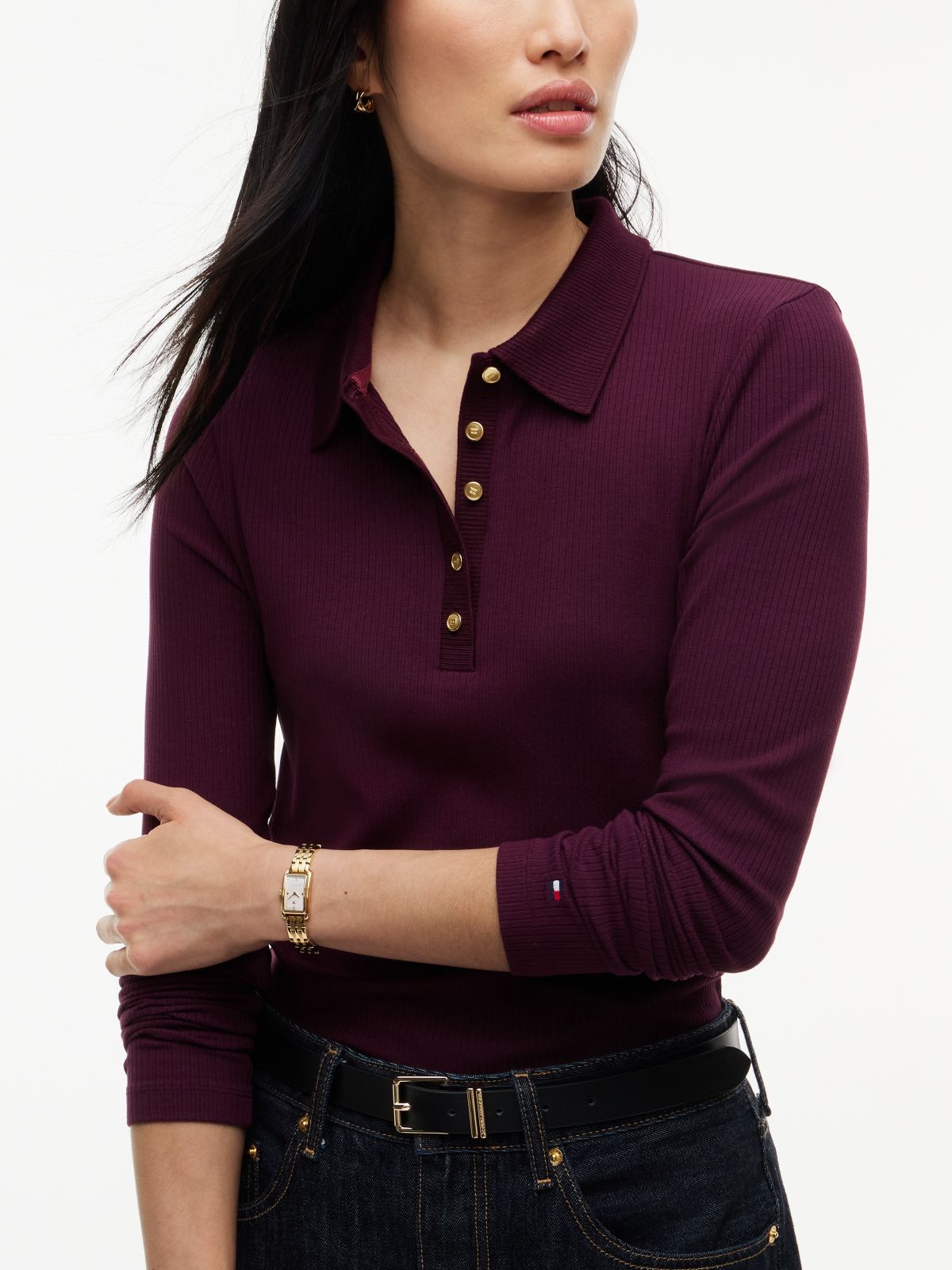 Slim Fit Ribbed Long Sleeve Polo Shirt — Red