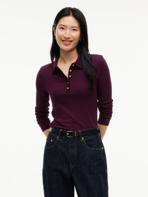 red slim fit ribbed long sleeve polo shirt for women tommy hilfiger