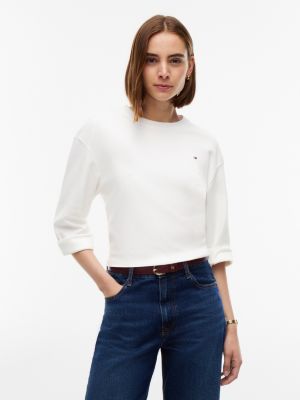 t-shirt à manches longues en maille interlock white pour femmes tommy hilfiger