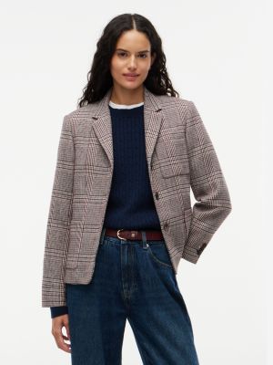 red regular fit wool blend check blazer for women tommy hilfiger