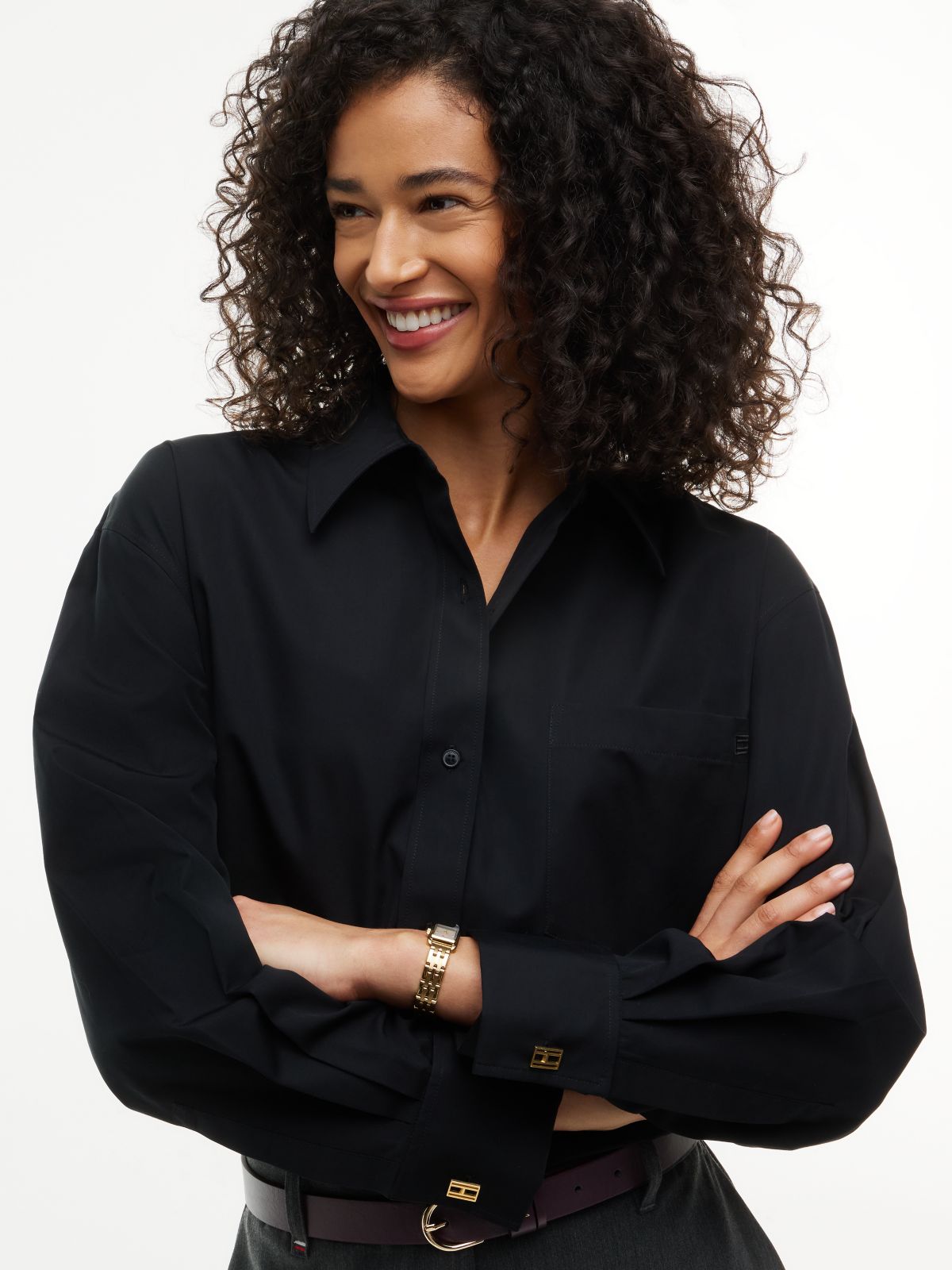 Relaxed Fit Double Cuff Poplin Shirt — Black