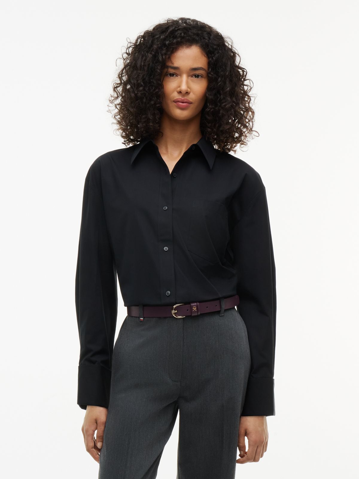 Relaxed Fit Double Cuff Poplin Shirt — Black