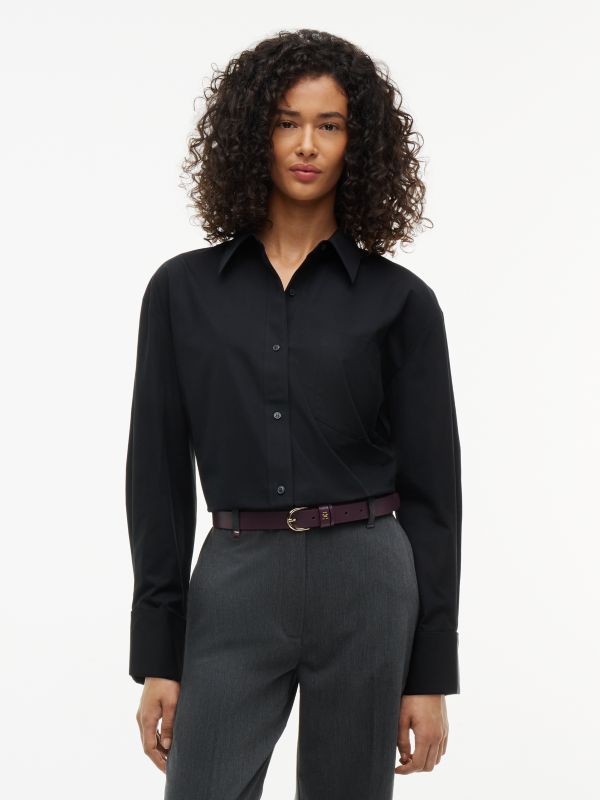 Relaxed Fit Double Cuff Poplin Shirt — Black
