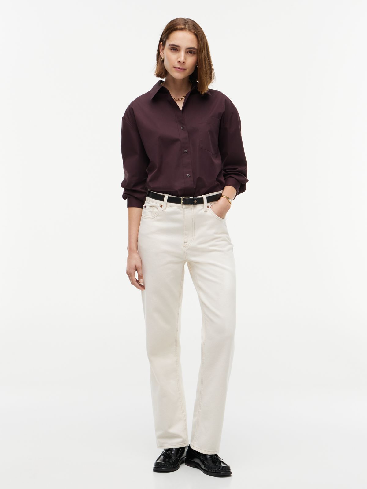 Relaxed Fit Double Cuff Poplin Shirt — Brown