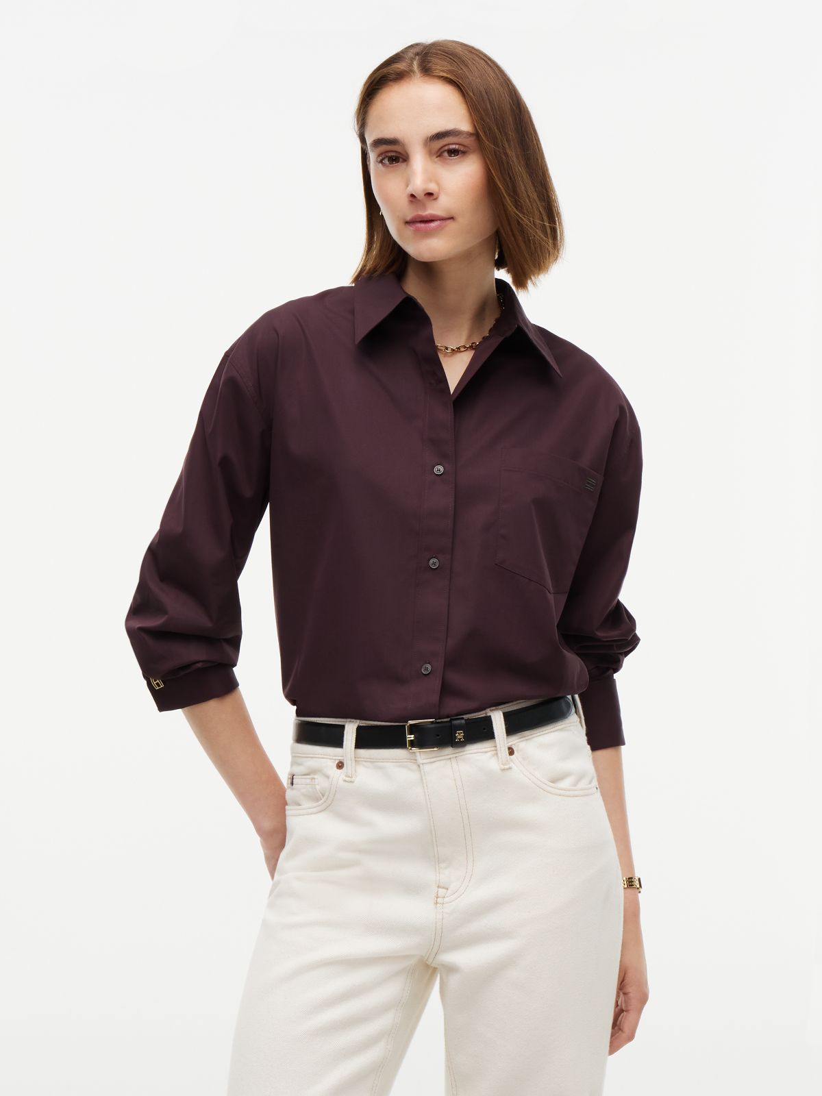 Relaxed Fit Double Cuff Poplin Shirt — Brown